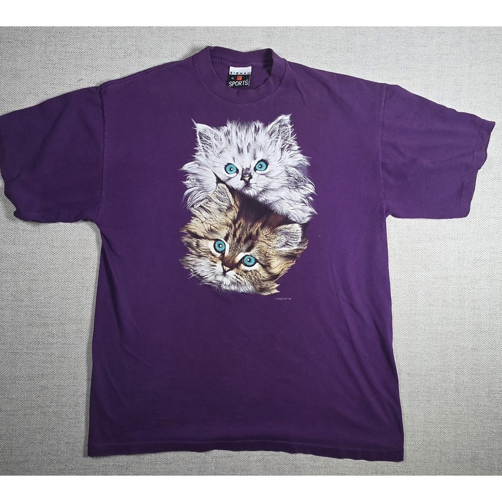 Vintage 90s Habitat Kittens Graphic T Shirt XL Purple Signal Sports SingleStitch
